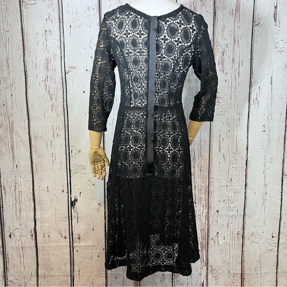 Vintage Crochet Floral Lace Black Sheer Cocktail Fit & Flare Dress SMALL EUC - Picture 8 of 15